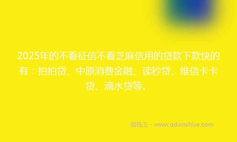 2025年的不看征信不看芝麻信用的贷款下款快的有：拍拍贷、中原消费金融、读秒贷、维信卡卡贷、滴水贷等。