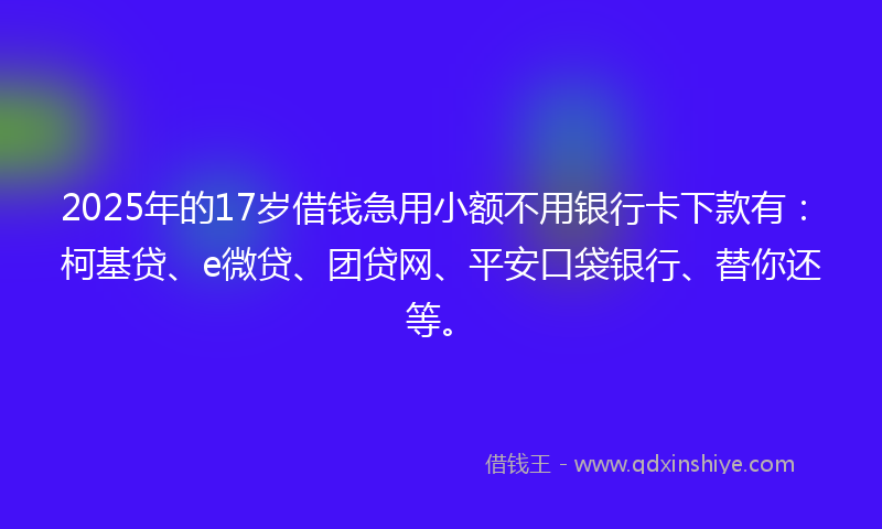 2025年的17岁借钱急用小额不用银行卡下款有：柯基贷、e微贷、团贷网、平安口袋银行、替你还等。