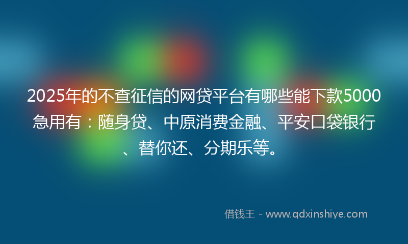 2025年的不查征信的网贷平台有哪些能下款5000急用有：随身贷、中原消费金融、平安口袋银行、替你还、分期乐等。
