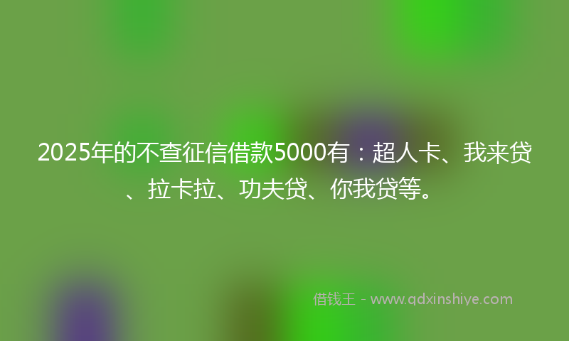 2025年的不查征信借款5000有：超人卡、我来贷、拉卡拉、功夫贷、你我贷等。