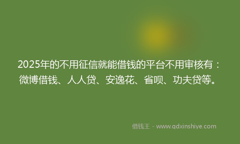 2025年的不用征信就能借钱的平台不用审核有：微博借钱、人人贷、安逸花、省呗、功夫贷等。