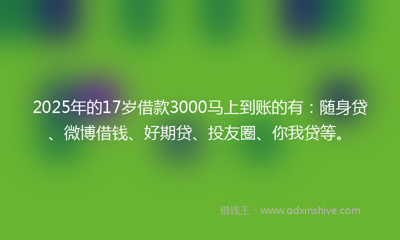 2025年的17岁借款3000马上到账的有：随身贷、微博借钱、好期贷、投友圈、你我贷等。