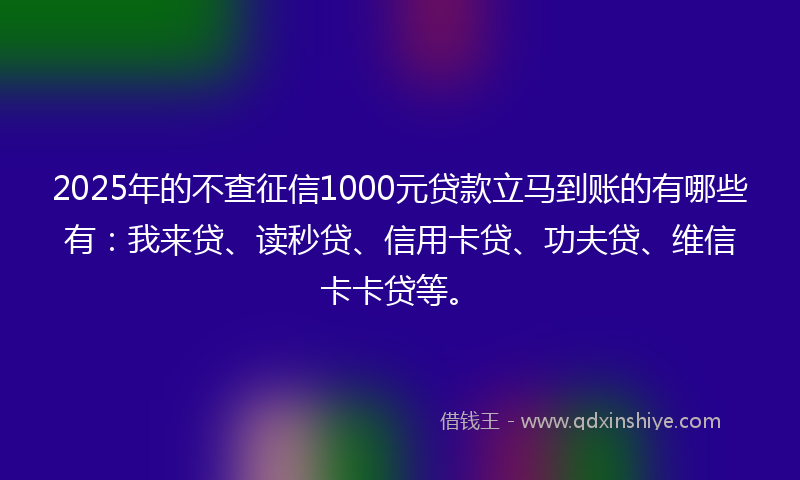 2025年的不查征信1000元贷款立马到账的有哪些有：我来贷、读秒贷、信用卡贷、功夫贷、维信卡卡贷等。