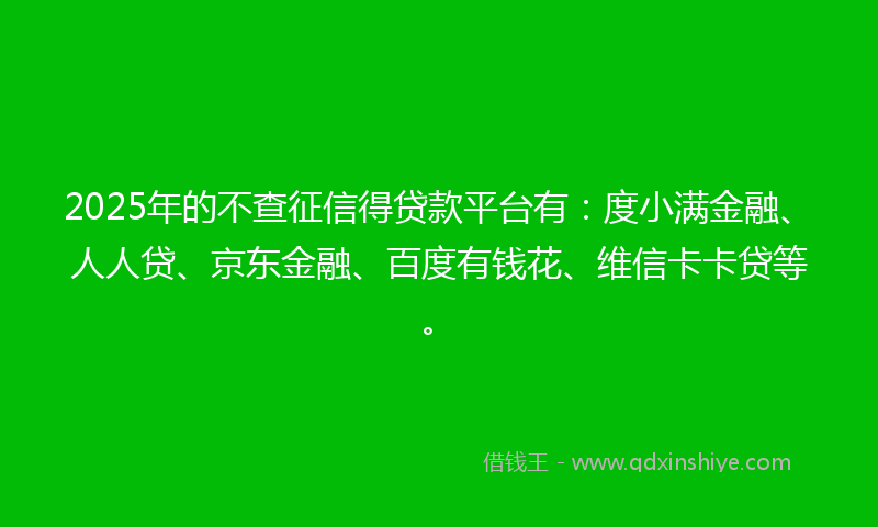 2025年的不查征信得贷款平台有：度小满金融、人人贷、京东金融、百度有钱花、维信卡卡贷等。