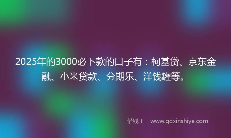 2025年的3000必下款的口子有：柯基贷、京东金融、小米贷款、分期乐、洋钱罐等。
