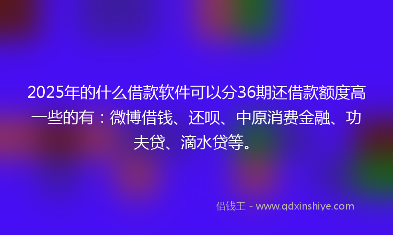 2025年的什么借款软件可以分36期还借款额度高一些的有：微博借钱、还呗、中原消费金融、功夫贷、滴水贷等。