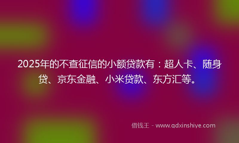 2025年的不查征信的小额贷款有：超人卡、随身贷、京东金融、小米贷款、东方汇等。