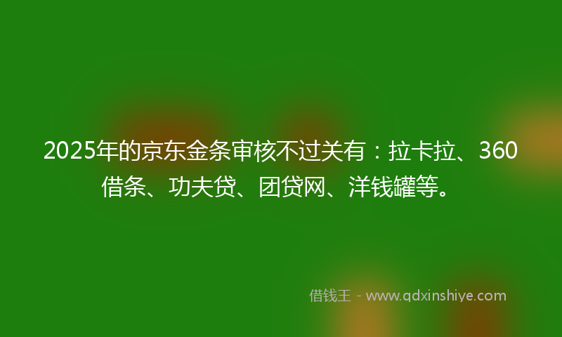 2025年的京东金条审核不过关有：拉卡拉、360借条、功夫贷、团贷网、洋钱罐等。