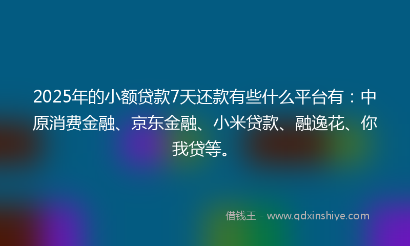 2025年的小额贷款7天还款有些什么平台有：中原消费金融、京东金融、小米贷款、融逸花、你我贷等。