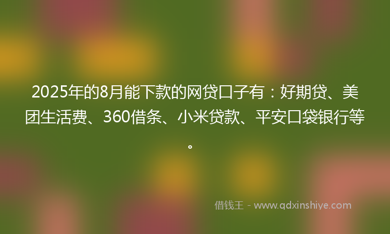 2025年的8月能下款的网贷口子有：好期贷、美团生活费、360借条、小米贷款、平安口袋银行等。