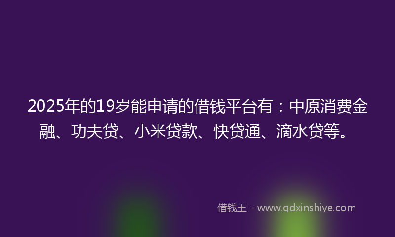 2025年的19岁能申请的借钱平台有：中原消费金融、功夫贷、小米贷款、快贷通、滴水贷等。