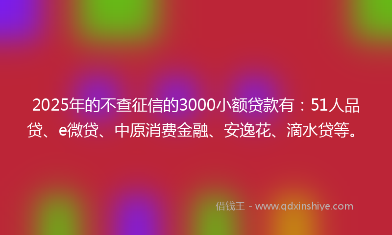 2025年的不查征信的3000小额贷款有：51人品贷、e微贷、中原消费金融、安逸花、滴水贷等。