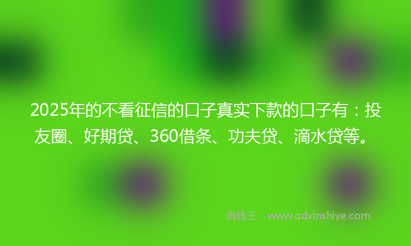 2025年的不看征信的口子真实下款的口子有：投友圈、好期贷、360借条、功夫贷、滴水贷等。