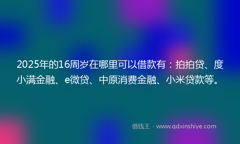 2025年的16周岁在哪里可以借款有：拍拍贷、度小满金融、e微贷、中原消费金融、小米贷款等。