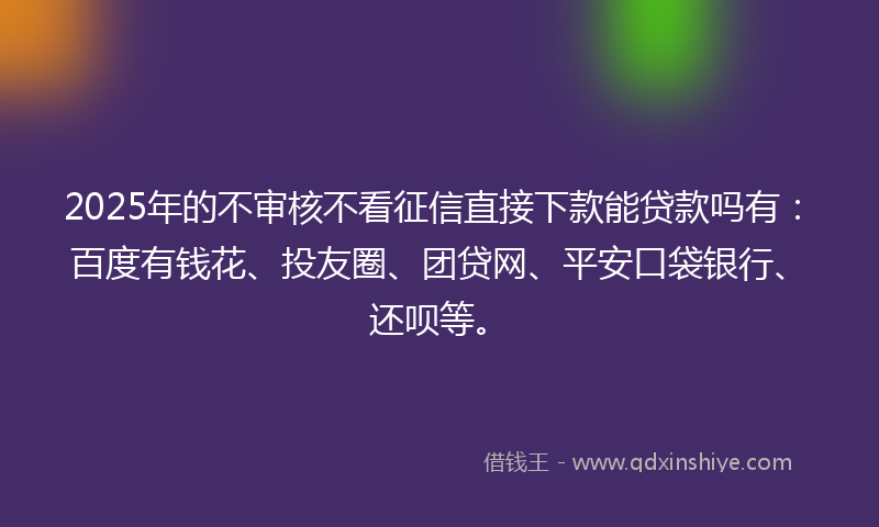 2025年的不审核不看征信直接下款能贷款吗有：百度有钱花、投友圈、团贷网、平安口袋银行、还呗等。
