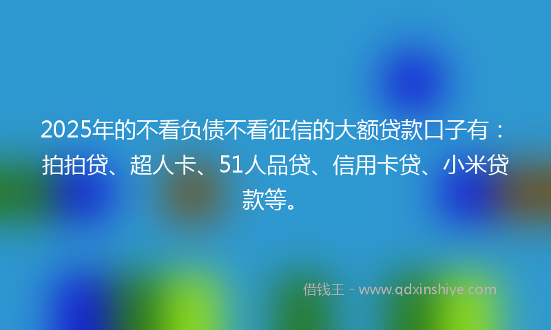 2025年的不看负债不看征信的大额贷款口子有：拍拍贷、超人卡、51人品贷、信用卡贷、小米贷款等。
