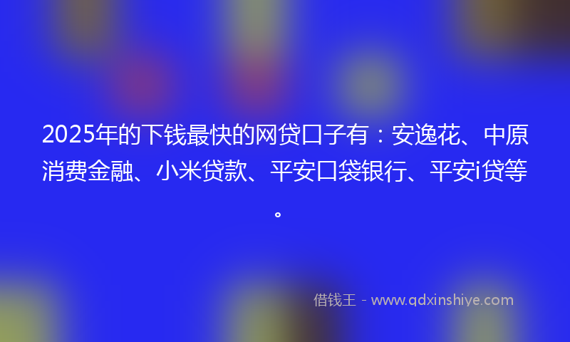 2025年的下钱最快的网贷口子有：安逸花、中原消费金融、小米贷款、平安口袋银行、平安i贷等。