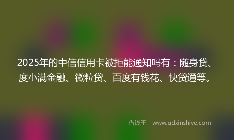 2025年的中信信用卡被拒能通知吗有：随身贷、度小满金融、微粒贷、百度有钱花、快贷通等。