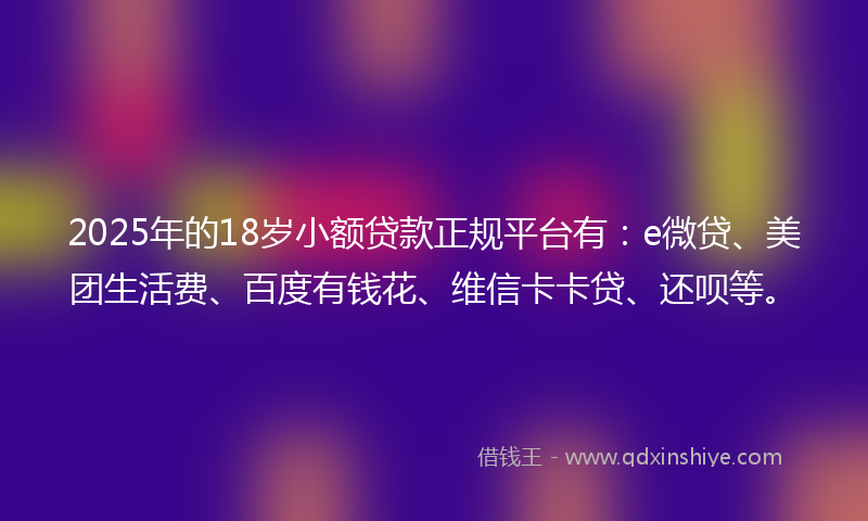 2025年的18岁小额贷款正规平台有：e微贷、美团生活费、百度有钱花、维信卡卡贷、还呗等。