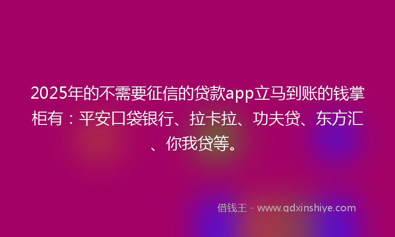 2025年的不需要征信的贷款app立马到账的钱掌柜有：平安口袋银行、拉卡拉、功夫贷、东方汇、你我贷等。