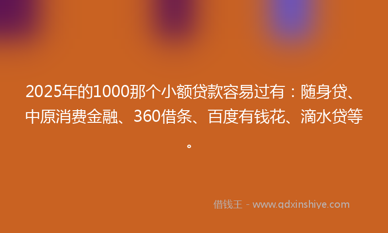 2025年的1000那个小额贷款容易过有：随身贷、中原消费金融、360借条、百度有钱花、滴水贷等。