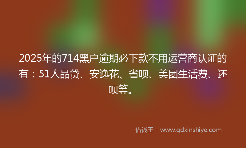 2025年的714黑户逾期必下款不用运营商认证的有：51人品贷、安逸花、省呗、美团生活费、还呗等。