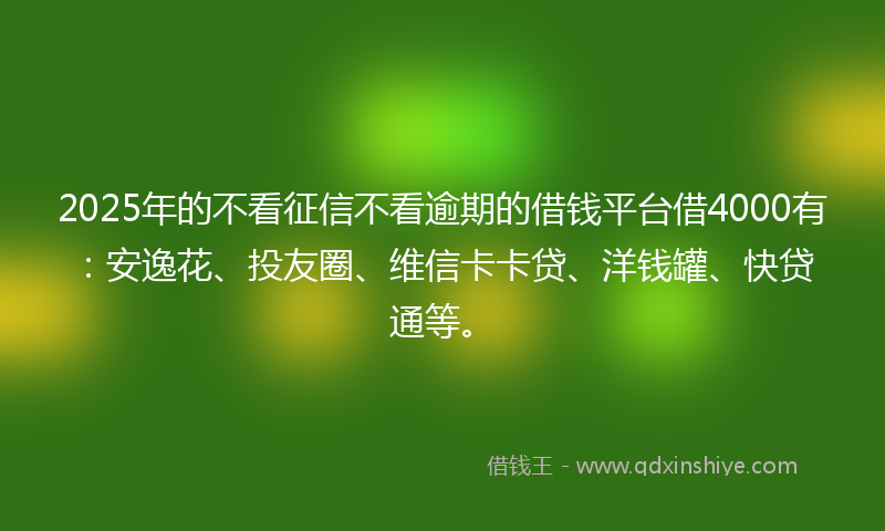 2025年的不看征信不看逾期的借钱平台借4000有：安逸花、投友圈、维信卡卡贷、洋钱罐、快贷通等。