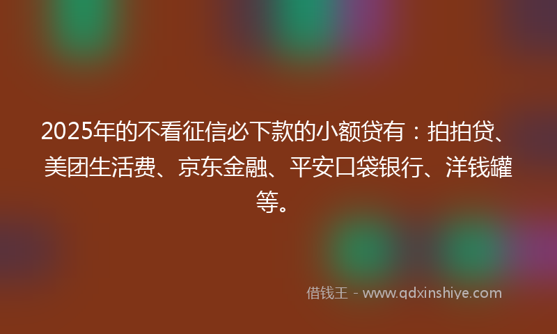 2025年的不看征信必下款的小额贷有：拍拍贷、美团生活费、京东金融、平安口袋银行、洋钱罐等。