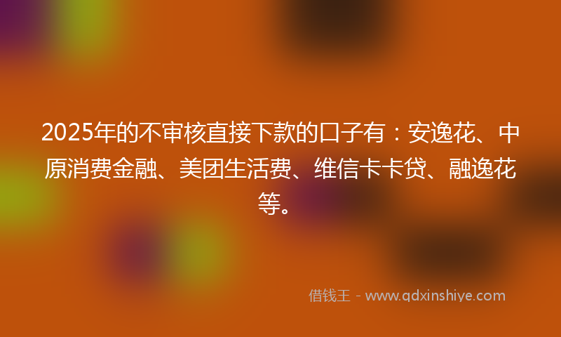 2025年的不审核直接下款的口子有：安逸花、中原消费金融、美团生活费、维信卡卡贷、融逸花等。