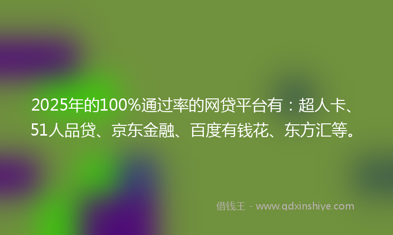2025年的100%通过率的网贷平台有：超人卡、51人品贷、京东金融、百度有钱花、东方汇等。
