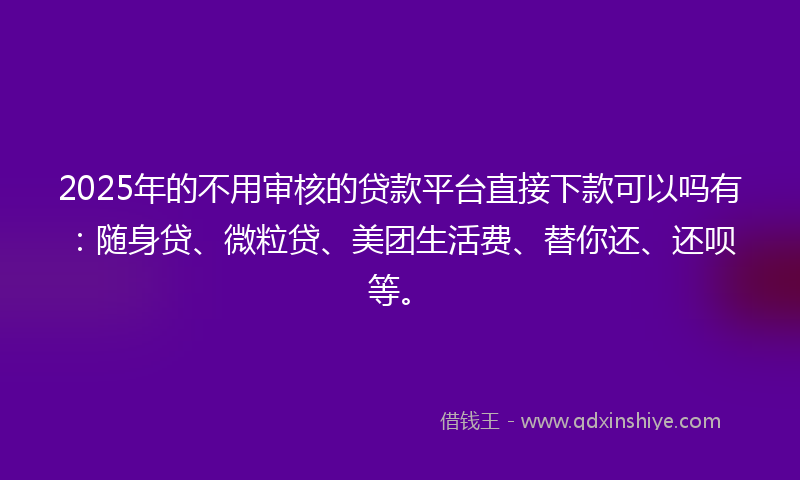 2025年的不用审核的贷款平台直接下款可以吗有：随身贷、微粒贷、美团生活费、替你还、还呗等。