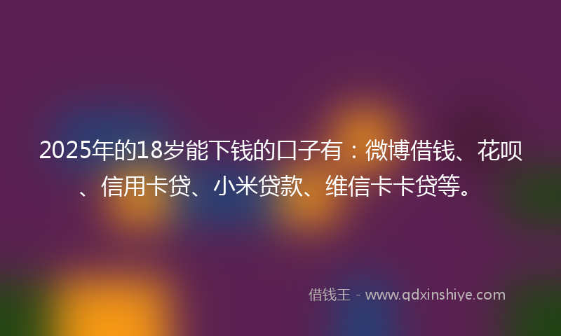 2025年的18岁能下钱的口子有：微博借钱、花呗、信用卡贷、小米贷款、维信卡卡贷等。