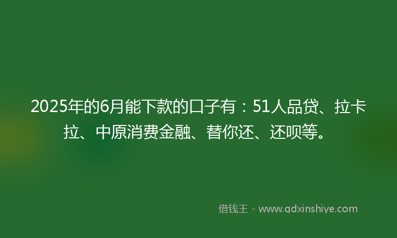 2025年的6月能下款的口子有：51人品贷、拉卡拉、中原消费金融、替你还、还呗等。