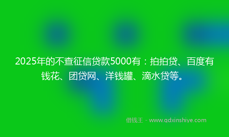 2025年的不查征信贷款5000有：拍拍贷、百度有钱花、团贷网、洋钱罐、滴水贷等。