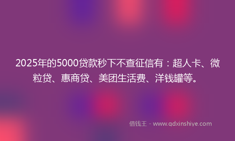 2025年的5000贷款秒下不查征信有：超人卡、微粒贷、惠商贷、美团生活费、洋钱罐等。