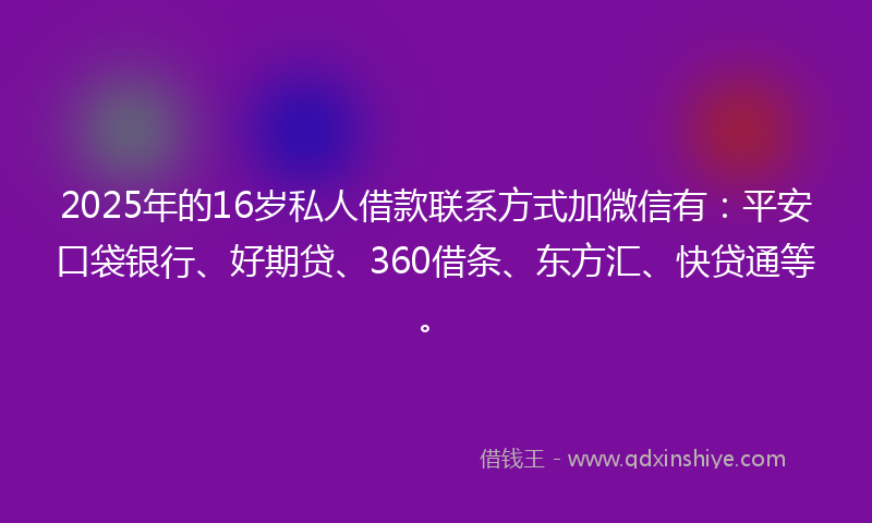2025年的16岁私人借款联系方式加微信有：平安口袋银行、好期贷、360借条、东方汇、快贷通等。