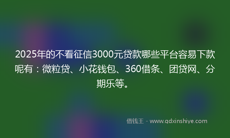 2025年的不看征信3000元贷款哪些平台容易下款呢有：微粒贷、小花钱包、360借条、团贷网、分期乐等。
