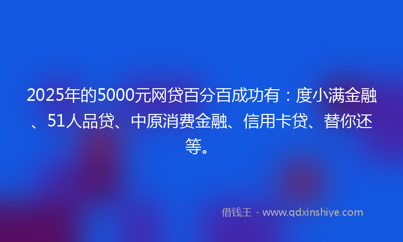 2025年的5000元网贷百分百成功有：度小满金融、51人品贷、中原消费金融、信用卡贷、替你还等。