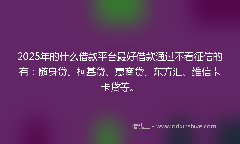 2025年的什么借款平台最好借款通过不看征信的有：随身贷、柯基贷、惠商贷、东方汇、维信卡卡贷等。