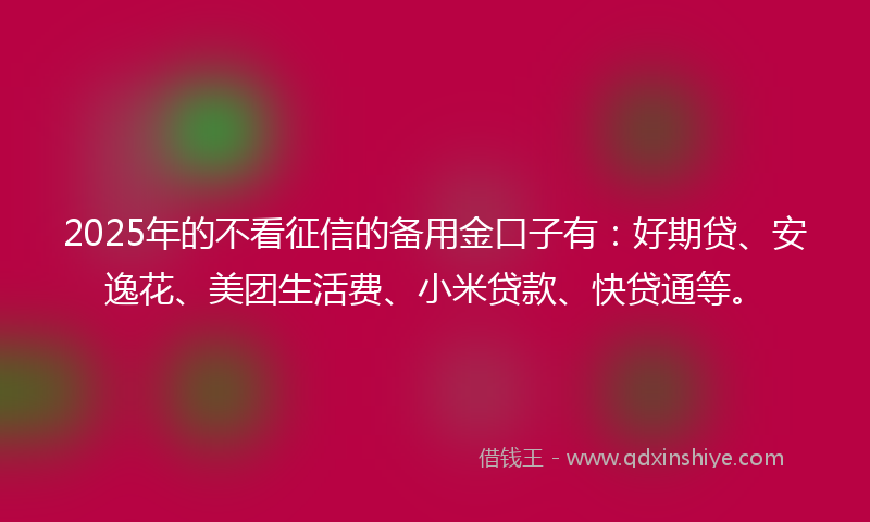 2025年的不看征信的备用金口子有：好期贷、安逸花、美团生活费、小米贷款、快贷通等。
