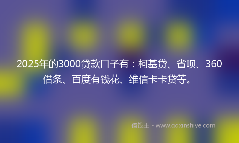 2025年的3000贷款口子有：柯基贷、省呗、360借条、百度有钱花、维信卡卡贷等。