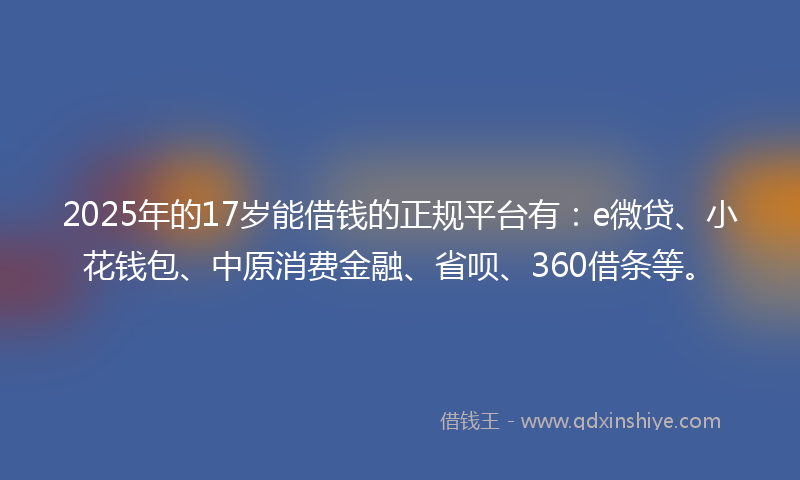 2025年的17岁能借钱的正规平台有：e微贷、小花钱包、中原消费金融、省呗、360借条等。