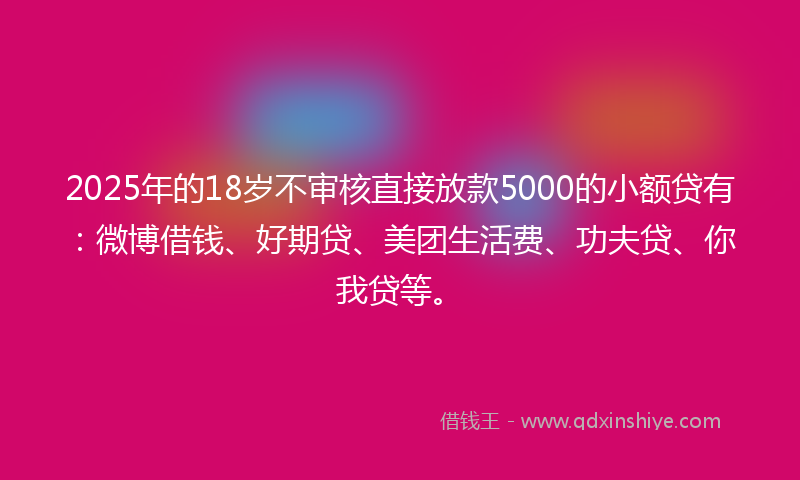 2025年的18岁不审核直接放款5000的小额贷有：微博借钱、好期贷、美团生活费、功夫贷、你我贷等。
