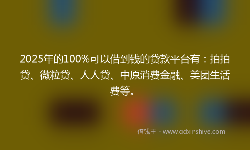 2025年的100%可以借到钱的贷款平台有：拍拍贷、微粒贷、人人贷、中原消费金融、美团生活费等。