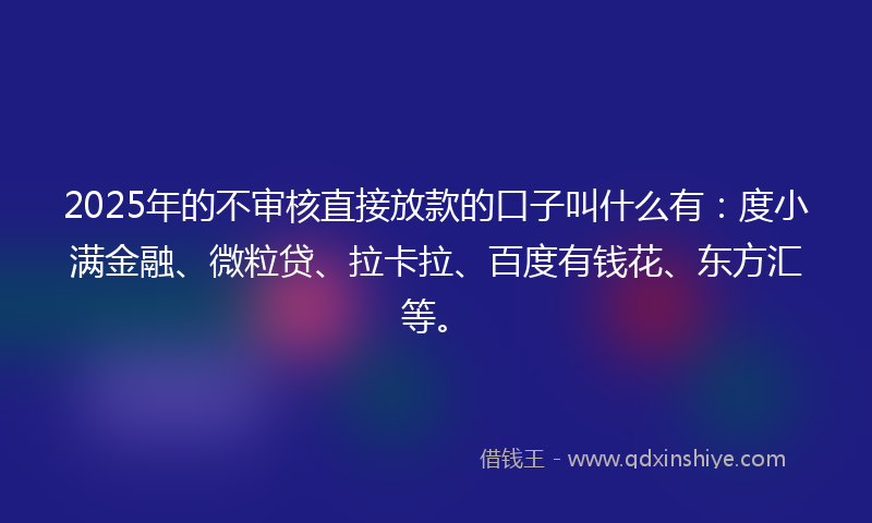 2025年的不审核直接放款的口子叫什么有：度小满金融、微粒贷、拉卡拉、百度有钱花、东方汇等。