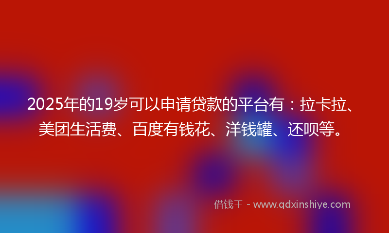 2025年的19岁可以申请贷款的平台有：拉卡拉、美团生活费、百度有钱花、洋钱罐、还呗等。