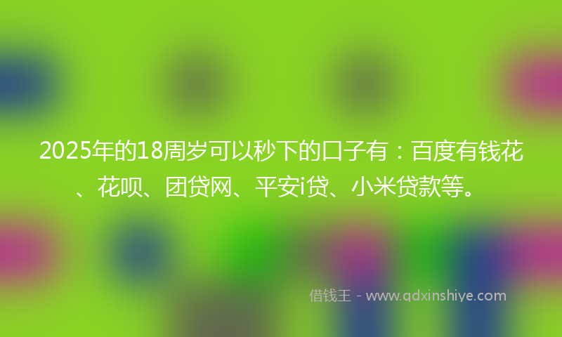 2025年的18周岁可以秒下的口子有：百度有钱花、花呗、团贷网、平安i贷、小米贷款等。