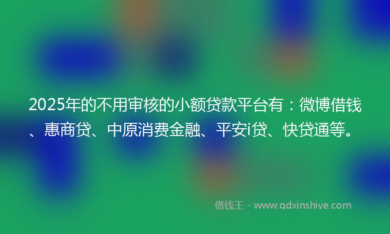 2025年的不用审核的小额贷款平台有：微博借钱、惠商贷、中原消费金融、平安i贷、快贷通等。