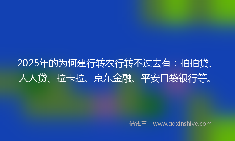 2025年的为何建行转农行转不过去有：拍拍贷、人人贷、拉卡拉、京东金融、平安口袋银行等。