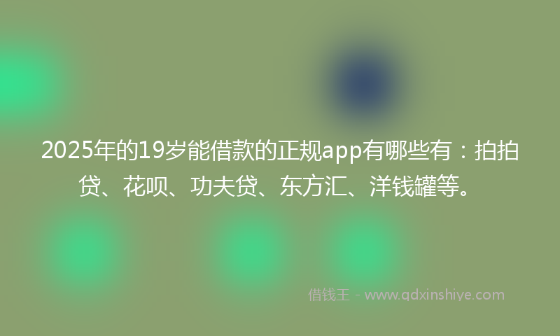 2025年的19岁能借款的正规app有哪些有：拍拍贷、花呗、功夫贷、东方汇、洋钱罐等。